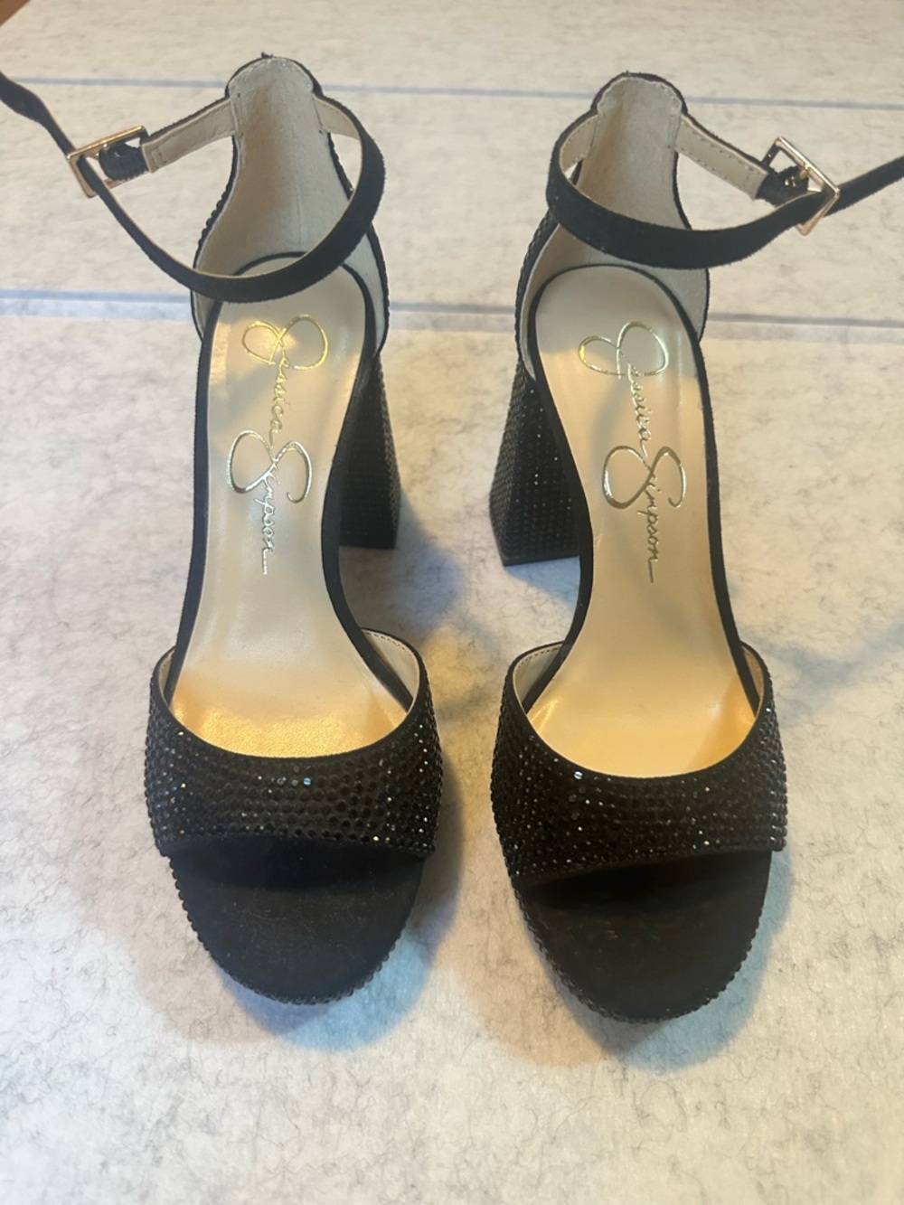 Jessica Simpson Black Ankle-Strap Block Heel Rhinestone Dressy Sandals - Size 5